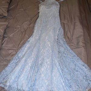 Light blue lace sparkly prom dress